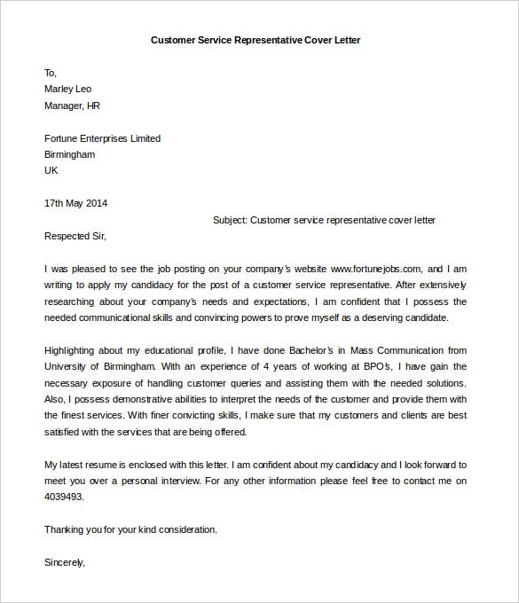 Customer Service Cover Letter Template Download